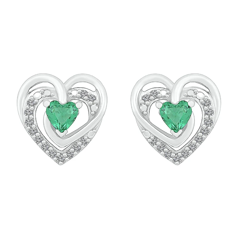 Lab Created Green Emerald Sterling Silver 12mm Heart Stud Earrings