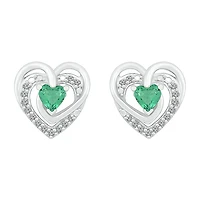 Lab Created Green Emerald Sterling Silver 12mm Heart Stud Earrings