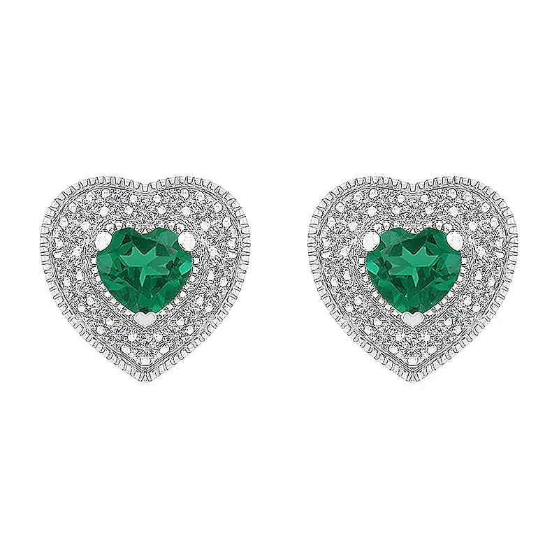Lab Created Green Emerald Sterling Silver 9.5mm Heart Stud Earrings