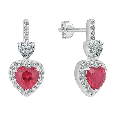 Womens Lab Created Red Ruby Sterling Silver Heart Drop Earrings