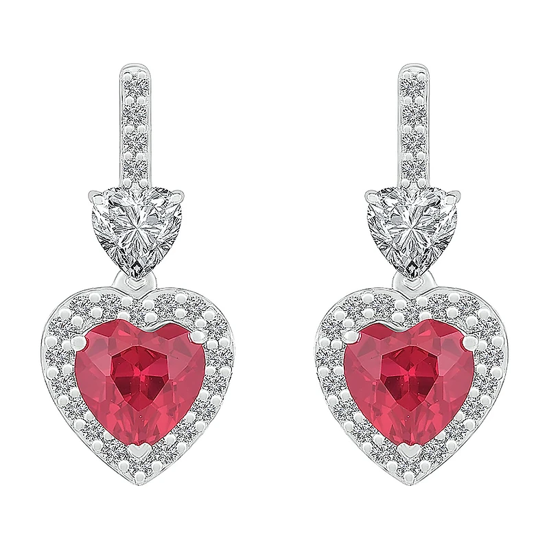 Womens Lab Created Red Ruby Sterling Silver Heart Drop Earrings
