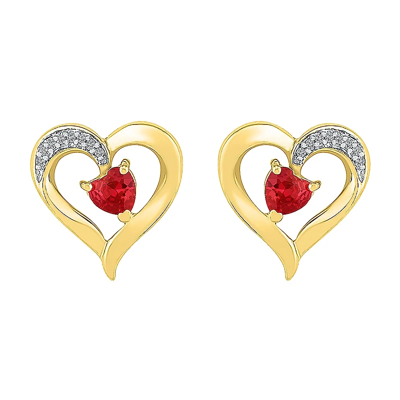 Diamond Accent Lab Created Red Ruby 10K Gold 13.5mm Heart Stud Earrings