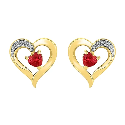 Diamond Accent Lab Created Red Ruby 10K Gold 13.5mm Heart Stud Earrings