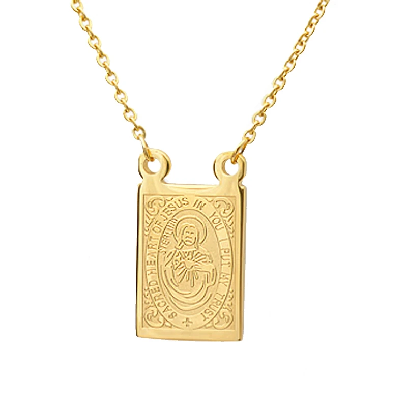 Sacred Heart Of Jesus And Our Lady Of Mount Carmel Scapular Medal Mens 18K Gold Over Stainless Steel Rectangular 24 Inch Pendant Necklace