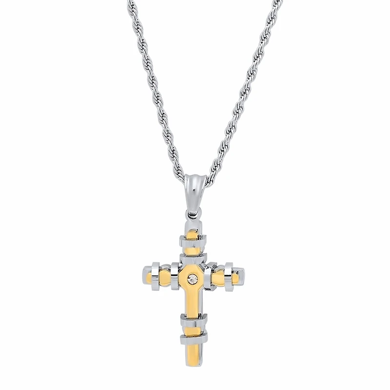 Steeltime Mens 2 1/4 CT. T.W. White Cubic Zirconia 18K Gold Over Stainless Steel Cross 18 Inch Pendant Necklace