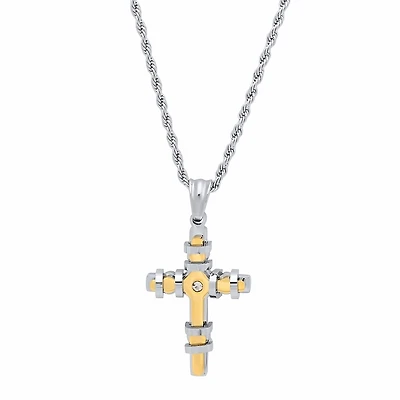 Steeltime Mens 2 1/4 CT. T.W. White Cubic Zirconia 18K Gold Over Stainless Steel Cross 18 Inch Pendant Necklace