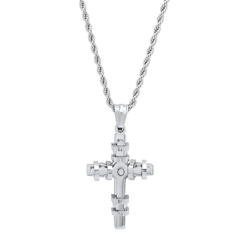 Steeltime Mens 2 1/4 CT. T.W. White Cubic Zirconia Stainless Steel Cross 24 Inch Pendant Necklace