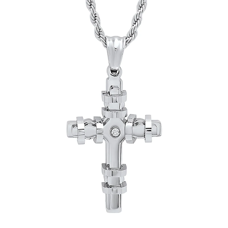 Steeltime Mens 2 1/4 CT. T.W. White Cubic Zirconia Stainless Steel Cross 24 Inch Pendant Necklace