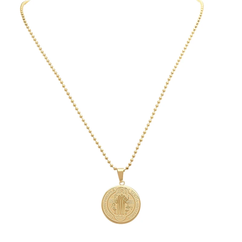 Steeltime Saint Benedict Medal Mens 18K Gold Over Stainless Steel Round 24 Inch Pendant Necklace