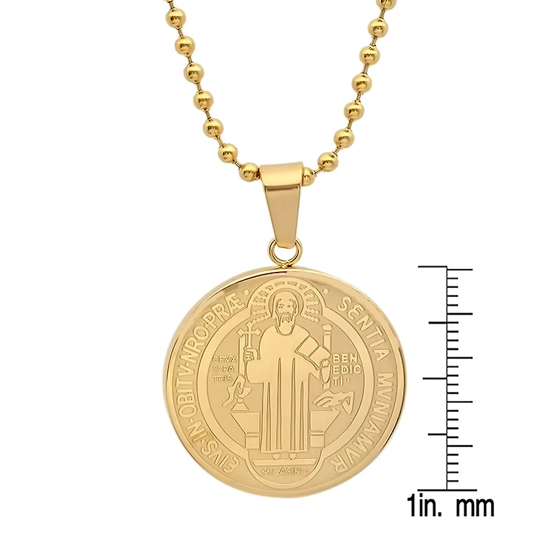 Steeltime Saint Benedict Medal Mens 18K Gold Over Stainless Steel Round 24 Inch Pendant Necklace