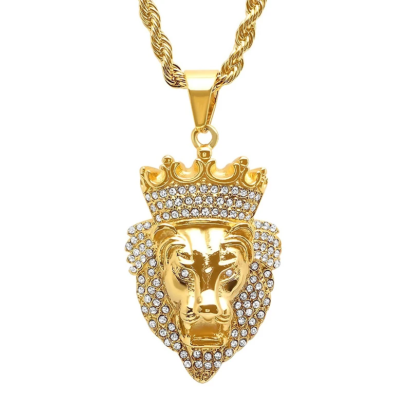Steeltime Mens 1/2 CT. T.W. Simulated White Cubic Zirconia 18K Gold Over Stainless Steel Crown Hypoallergenic 30 Inch Pendant Necklace