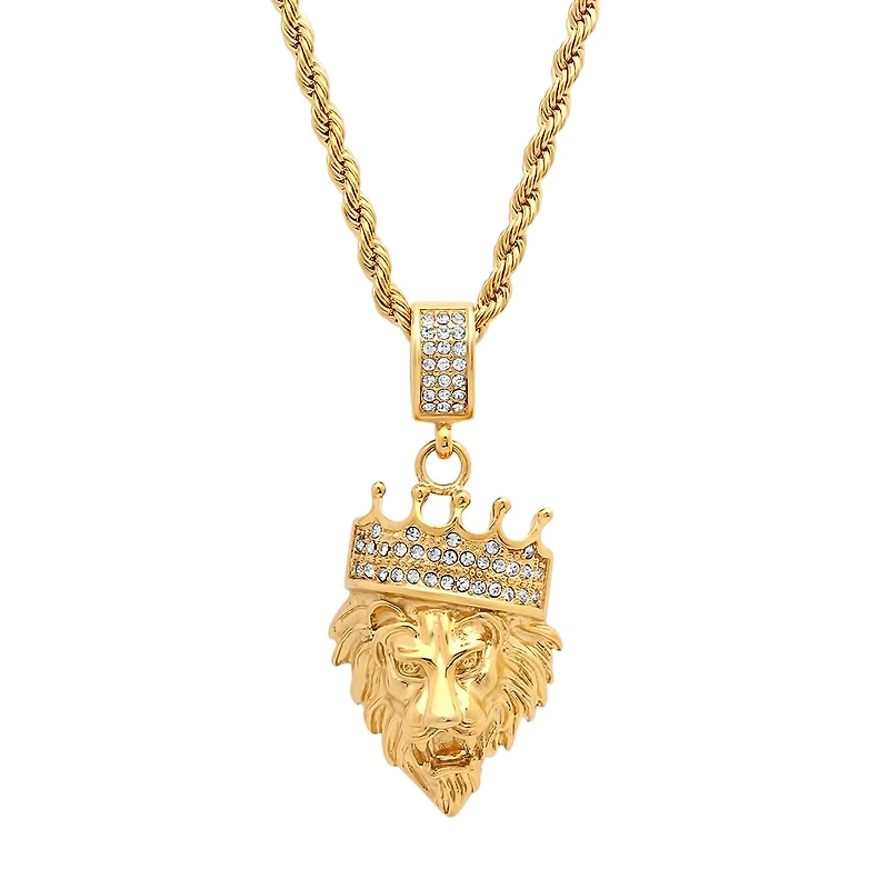 Steeltime Lion Head Mens 1/2 CT. T.W. White Cubic Zirconia 18K Gold Over Stainless Steel Crown Hypoallergenic 30 Inch Pendant Necklace