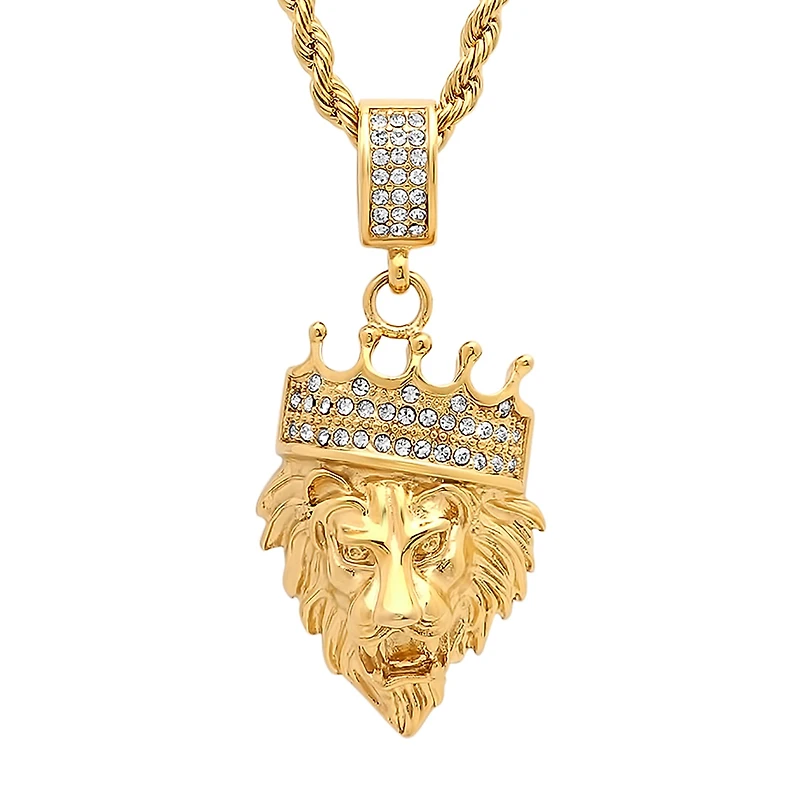 Steeltime Lion Head Mens 1/2 CT. T.W. White Cubic Zirconia 18K Gold Over Stainless Steel Crown Hypoallergenic 30 Inch Pendant Necklace