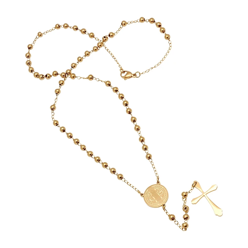 Steeltime Saint Benedict Medal Mens 20 Inch Rosary Necklace