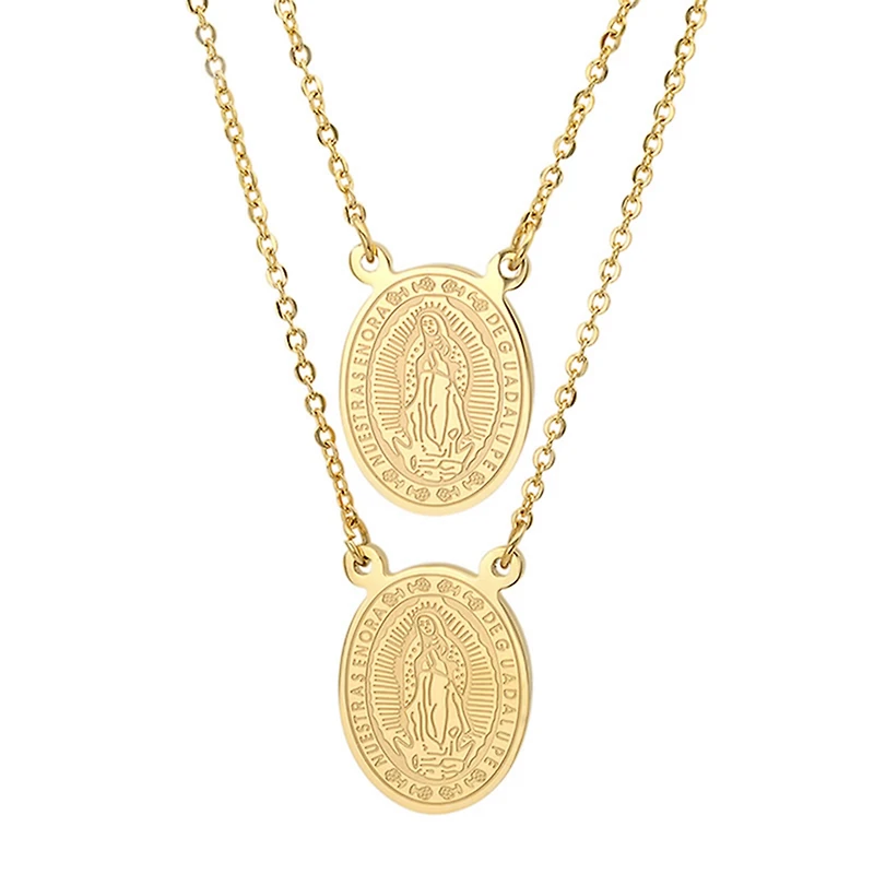 Steeltime Lady Of Guadalupe Mens 18K Gold Over Stainless Steel Oval 28 Inch Pendant Necklace