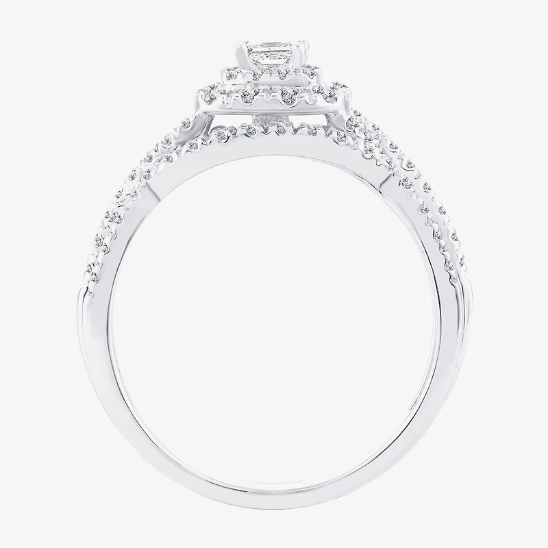 Womens 1/2 CT. T.W. Natural White Diamond 14K Gold Cushion Side Stone Halo Bridal Set