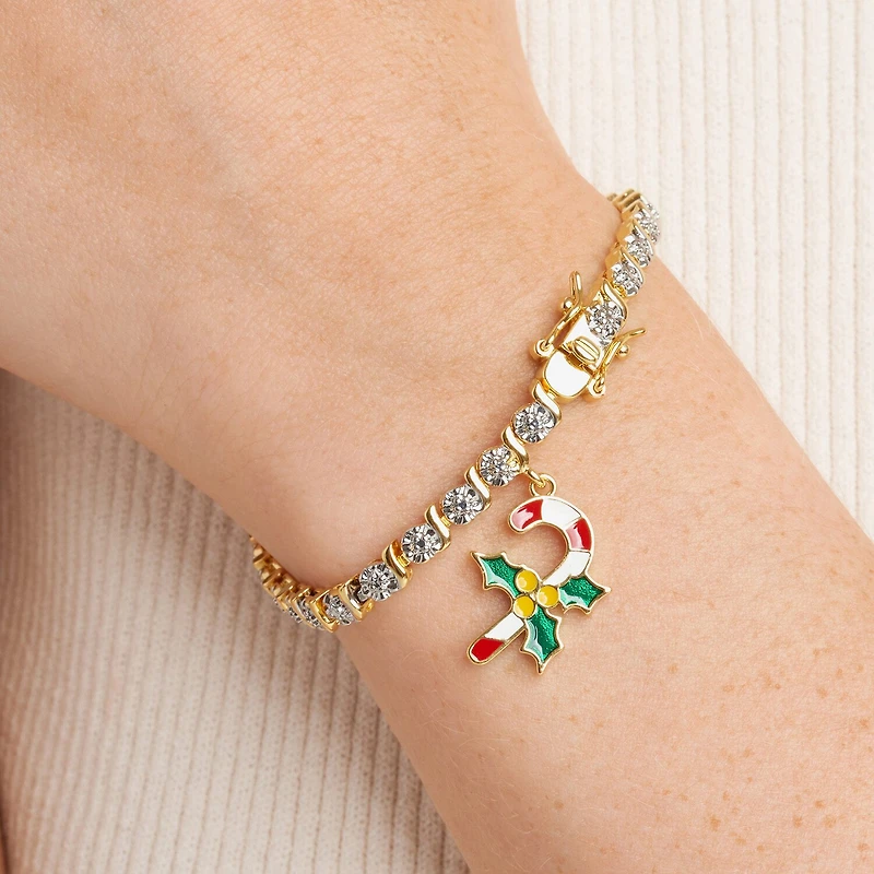 Sparkle Allure Candy Cane Charm Womens Natural White Diamond Accent 14K Gold Over Brass 7.25 Inch Tennis Bracelet