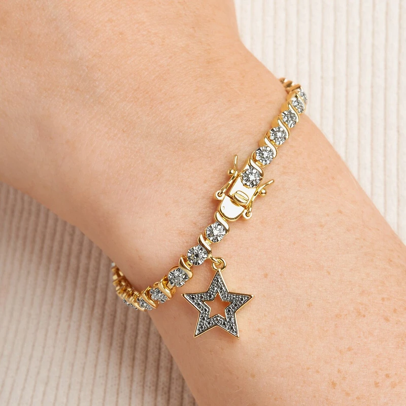 Sparkle Allure 14k Gold Over Bronze Womens Natural Diamond Accent Round Star 7.25 Inch Tennis Bracelet