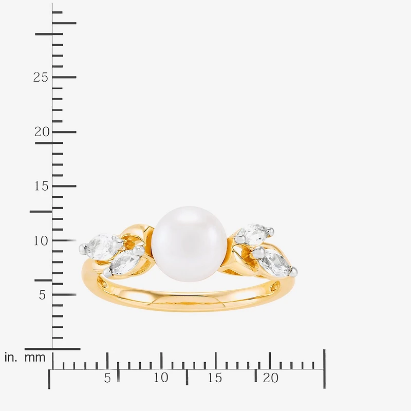 Certified Sofia Cultured Freshwater Pearl and Lab Created White Sapphire 10K Gold Cocktail Ring