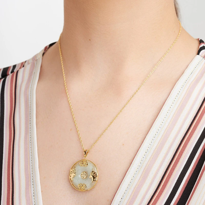 Good Fortune Womens Genuine Green Jade 18K Gold Over Silver Round 18 Inch Pendant Necklace