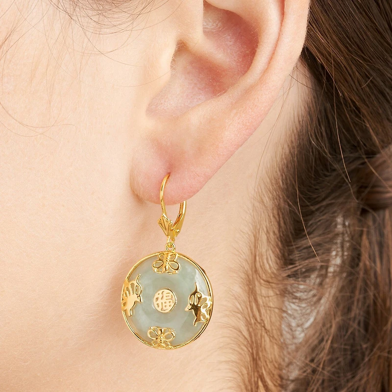 Womens Genuine Green Jade 18K Gold Over Silver Drop Earrings