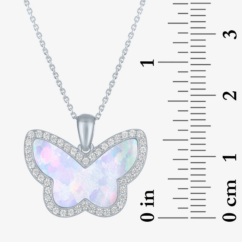 Womens Lab Created White Opal Sterling Silver Butterfly 18 Inch Pendant Necklace