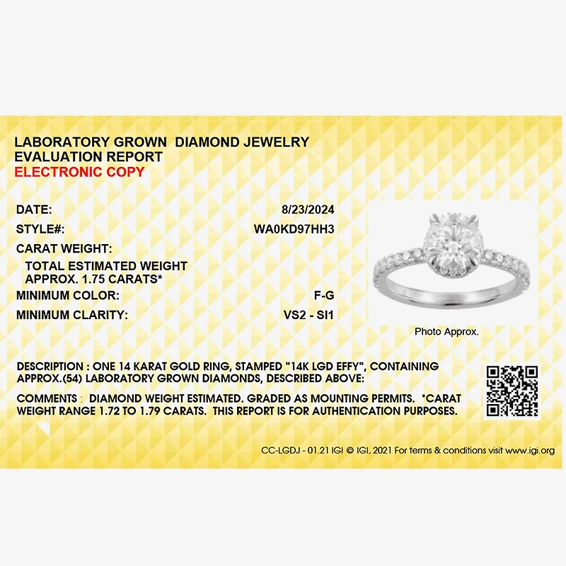 Effy Final Call (G / Vs2-Si1) Womens 1 3/4 CT. T.W. Lab Grown White Diamond 14K Gold Round Solitaire Side Stone Engagement Ring