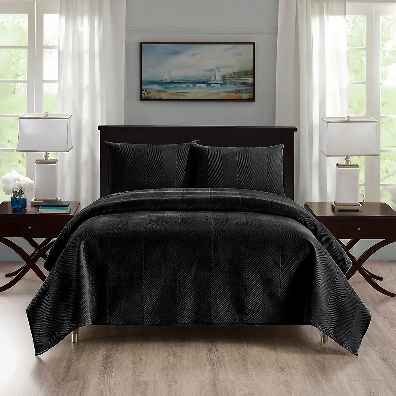 Pointehaven Velvet Chevron Design Oversized Quilt Set