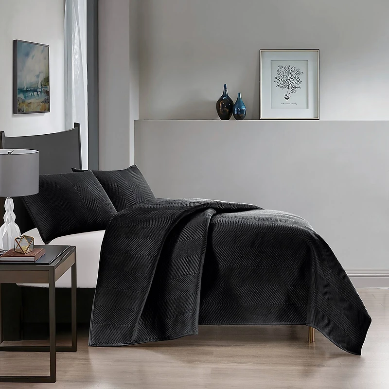 Pointehaven Velvet Chevron Design Oversized Quilt Set