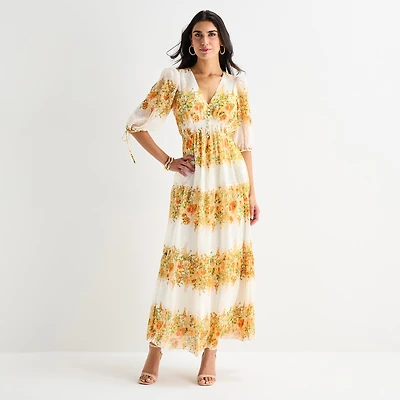 Melonie T Womens V Neck Elbow Sleeve Maxi Dress