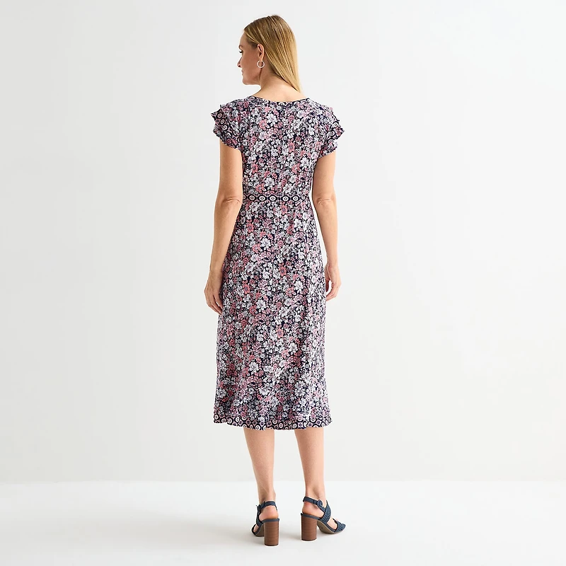 Perceptions Womens Midi Round Neck Short Sleeve Ruffled Floral Fit + Flare Dress