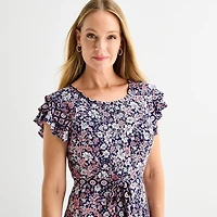 Perceptions Womens Midi Round Neck Short Sleeve Ruffled Floral Fit + Flare Dress