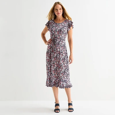 Perceptions Womens Midi Round Neck Short Sleeve Ruffled Floral Fit + Flare Dress