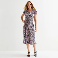 Perceptions Womens Midi Round Neck Short Sleeve Ruffled Floral Fit + Flare Dress