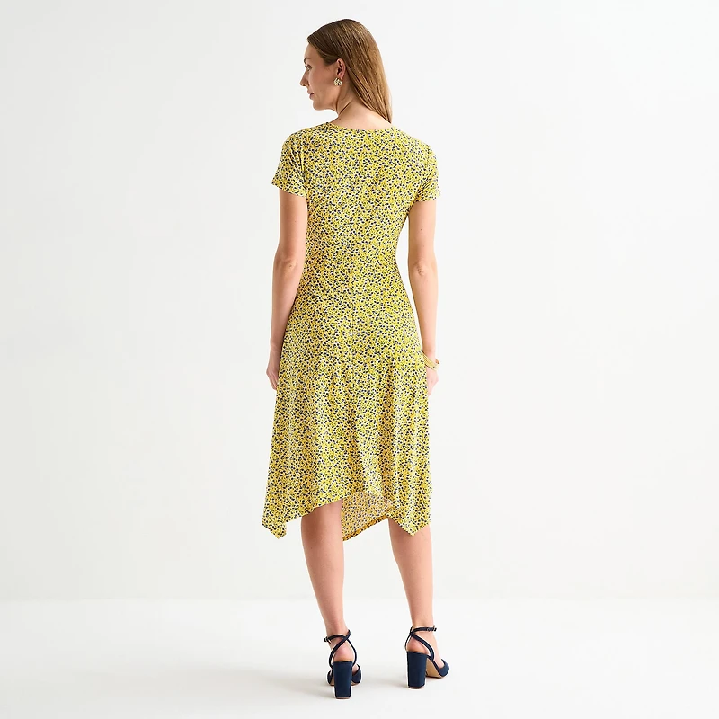 Perceptions Womens High-Low V Neck Short Sleeve Floral Fit + Flare Dress