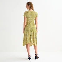 Perceptions Womens High-Low V Neck Short Sleeve Floral Fit + Flare Dress
