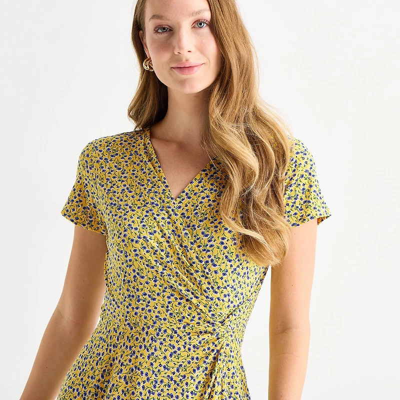 Perceptions Womens High-Low V Neck Short Sleeve Floral Fit + Flare Dress