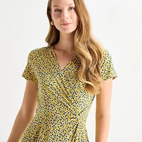 Perceptions Womens High-Low V Neck Short Sleeve Floral Fit + Flare Dress
