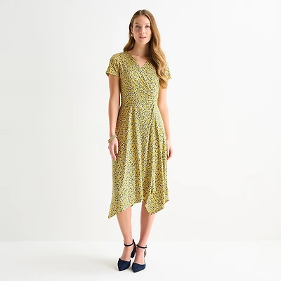 Perceptions Womens High-Low V Neck Short Sleeve Floral Fit + Flare Dress