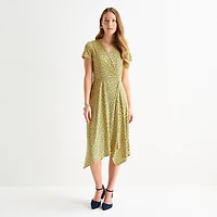 Perceptions Womens High-Low V Neck Short Sleeve Floral Fit + Flare Dress