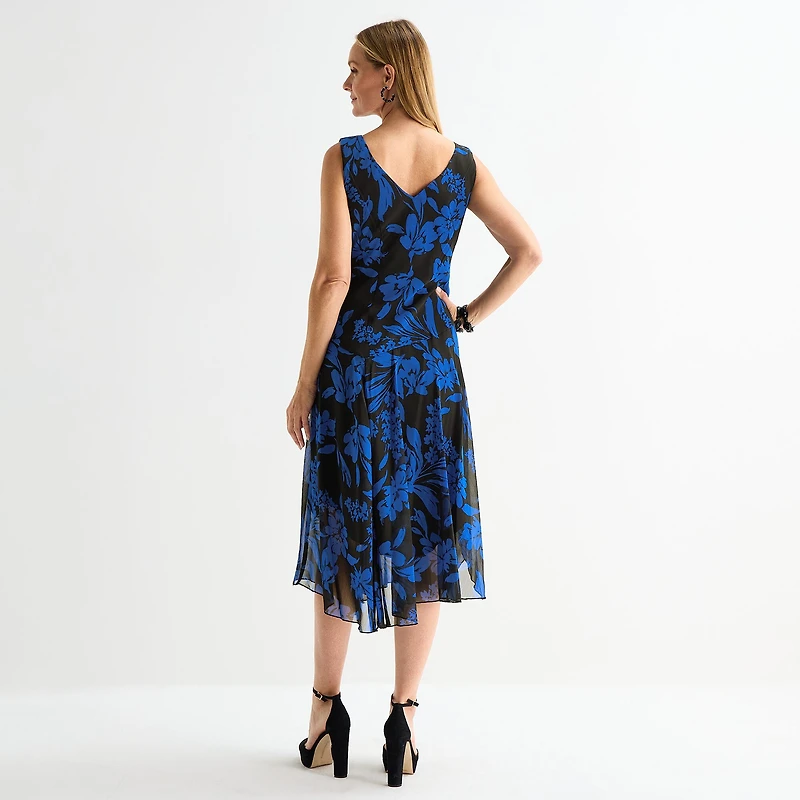 Connected Apparel Womens Midi V Neck Sleeveless Floral Fit + Flare Dress