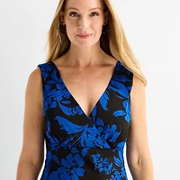 Connected Apparel Womens Midi V Neck Sleeveless Floral Fit + Flare Dress
