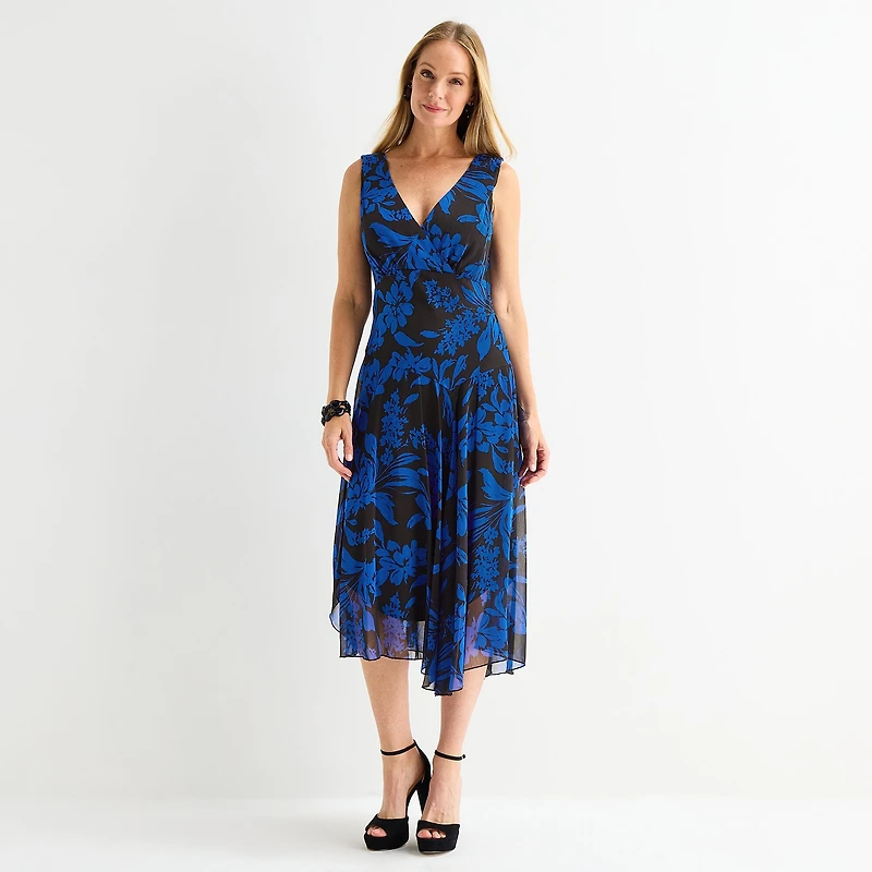 Connected Apparel Womens Midi V Neck Sleeveless Floral Fit + Flare Dress