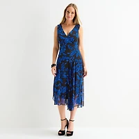 Connected Apparel Womens Midi V Neck Sleeveless Floral Fit + Flare Dress