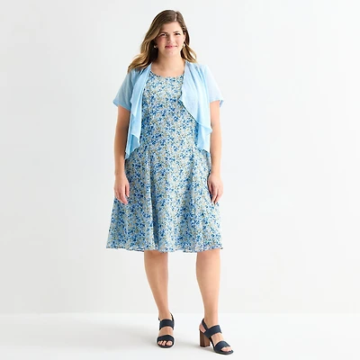 Perceptions Womens Plus Embroidered Floral Jacket Dress