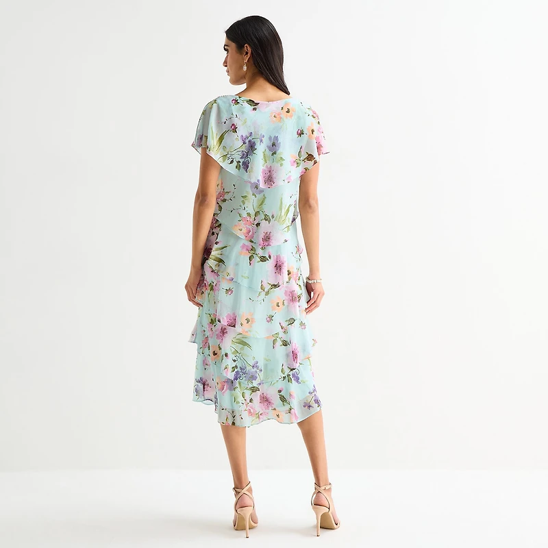 S. L. Fashions Womens Midi Round Neck Short Sleeve Floral Shift Dress