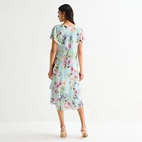 S. L. Fashions Womens Midi Round Neck Short Sleeve Floral Shift Dress