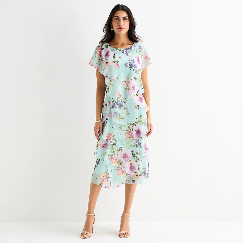 S. L. Fashions Womens Midi Round Neck Short Sleeve Floral Shift Dress