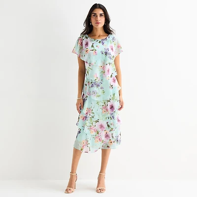 S. L. Fashions Womens Midi Round Neck Short Sleeve Floral Shift Dress