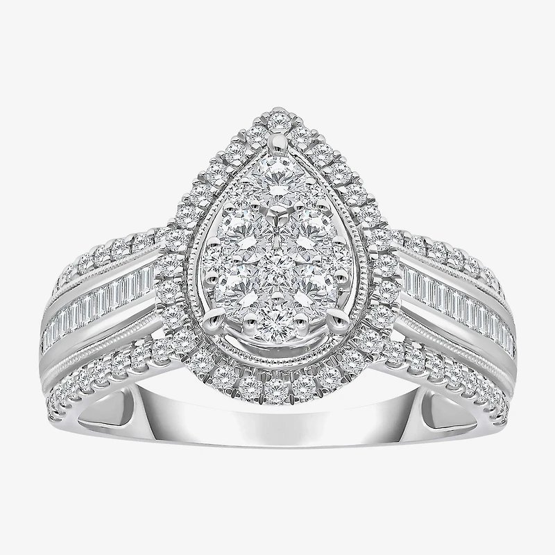 I-J / I2-I3 Womens 1 CT. T.W. Natural White Diamond 10K Gold Pear Side Stone Halo Engagement Ring